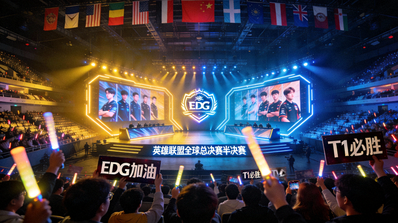 《英雄联盟》全球总决赛半决赛现场盛况 - 巨大的舞台与满座的观众席